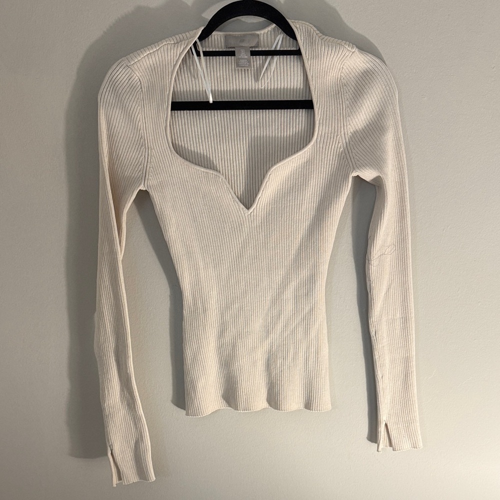 H&M Cream Ribbed Scoop-Neck Long Sleeve Top